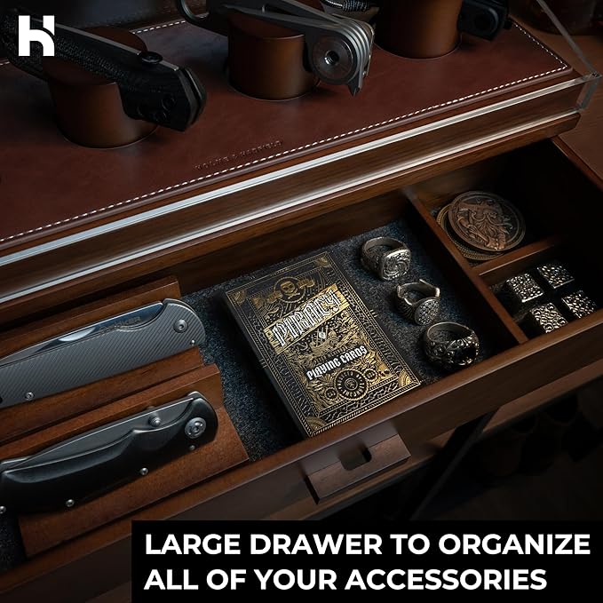 Premium Pocket Knife Display Case for 10 Knives - Wooden Knife Organizer, Storage & Holder with Unique Pillars, Hinged Cover, Drawer - Knife Collection Box - Handcrafted for Men