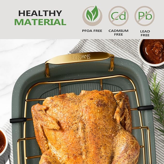 Nonstick Roasting Pan, 17 Inch x 13 Inch Large Roaster Pan with Removable Rack, Roaster for Roasting Turkey, Meat & Vegetables (Green）