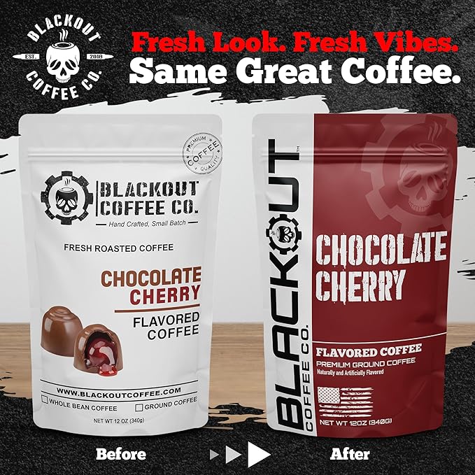 Blackout Coffee Chocolate Cherry Flavored Ground Coffee – Medium Roast, Smooth Taste, Guilt-Free Indulgence – Freshly Roasted 12oz Pouch, American Made