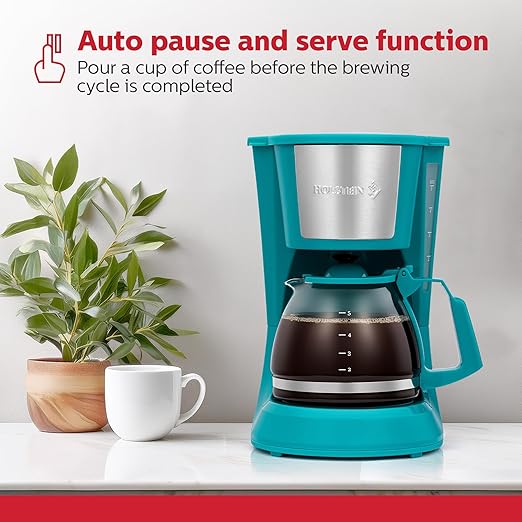 Holstein Housewares 5 Cup Drip Coffee Maker – Compact and User-Friendly with Auto Pause & Serve, Reusable Filter, Measuring Spoon & Glass Carafe, Office & Dorm Use, Teal