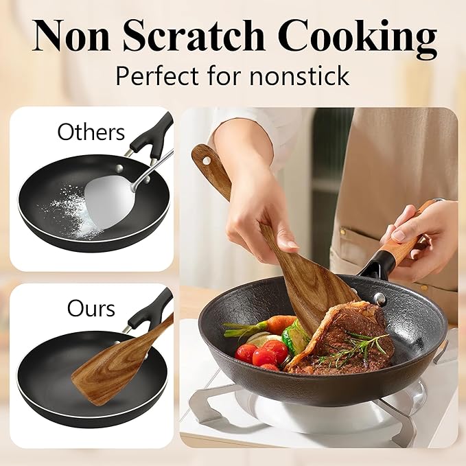 Wooden Spatula, Heat Resistant Cooking Wood Spatulas Spurtles for Non Stick Cookware Kitchen Use, Handmade Non Toxic Teak Wooden Cooking Utensil Spurtle Set for Cast Iron Baking Flipping, 4 Piece
