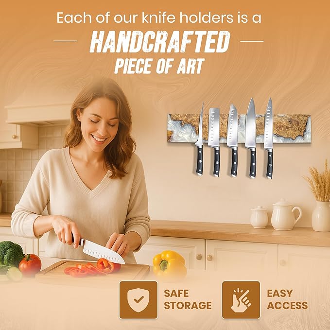 Magnetic Knife Holder for Wall 16 Inch |Premium Wood & White Resin| Epoxy Knife Magnetic Strip, Kitchen Knife Block Holder with Strong Magnet, Space-Saving, Handcrafted Style & Easy to Install