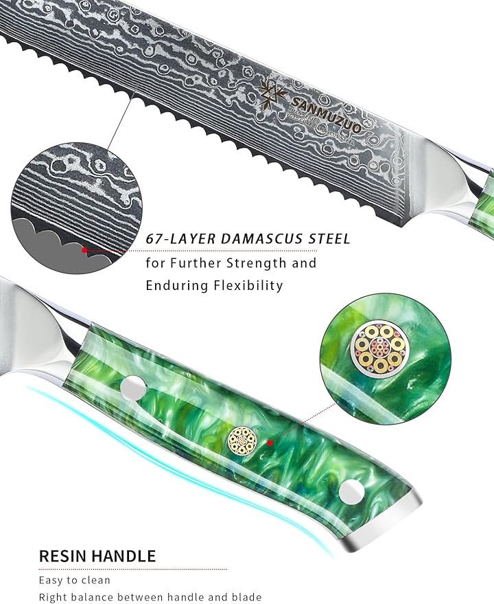 8” Bread Knife Serrated Kitchen Chef Knife - Damascus Steel & Resin Handle - Xuan Series (Jade Green)