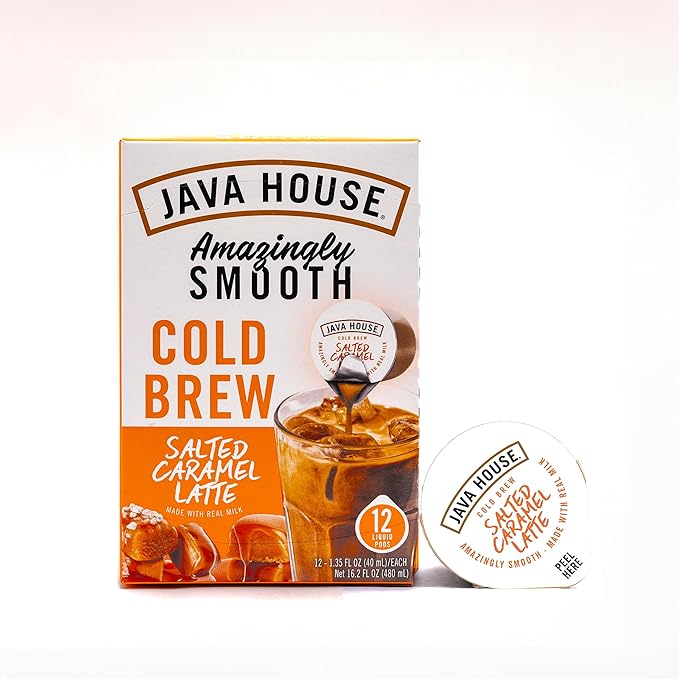JAVA HOUSE Salted Caramel Latte Cold Brew Coffee Pods, (48 Count) Peel and Pour Pods Hot or Iced