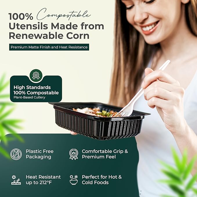 100% Compostable Forks 150 Large biodegradable forks Disposable Compostable Cutlery Silverware Utensils durable and heat resistant alternative to plastic forks with convenient tray by KOALALOVE