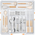 Homecor Silverware Organizer for Kitchen Drawer, Expandable Utensil Drawer Organizer with 2 Knife Block, Flatware and Cutlery Holder, Adjustable Plastic Storage for Spoons Forks Knives