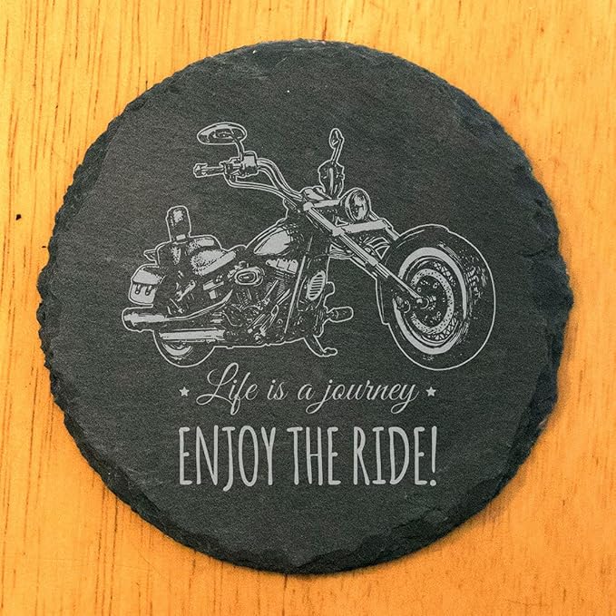 Coast in Style: Rustic Slate Coasters with Motorcycle Design - Round Slate - Set of 4