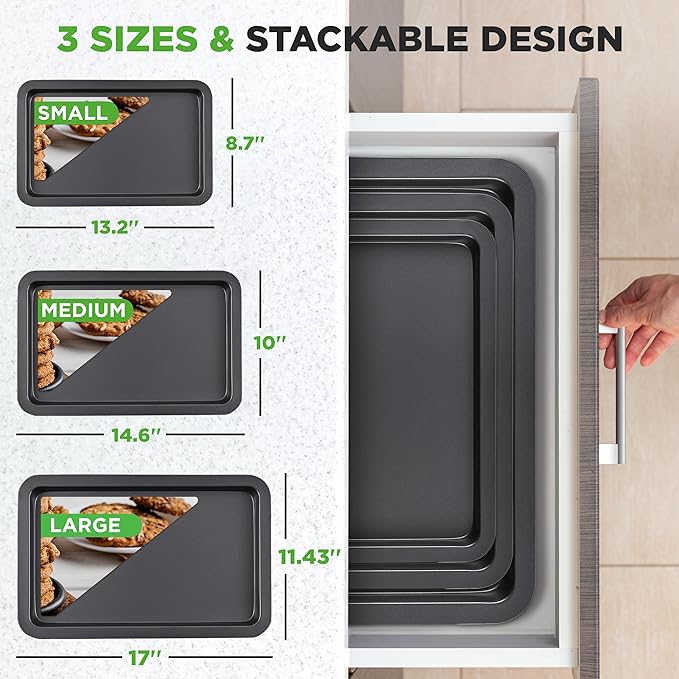 NutriChef 3-Piece Non-Stick Cookie Sheets for Baking - Heavy Duty Steel Baking Sheet Pans for Toasters & Oven - Small, Medium, & Large Size Baking Trays - PFOS, PFOA, PTFE-Free Nonstick Coating