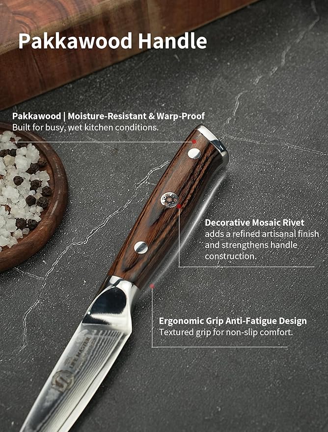 Damascus Paring Knife - Collectible 3.5 Inch Utility Knife with Pakkawood Handle, Japanese High Carbon Steel Blade, Small Fruit & Vegetable Knives for Kitchen, Outdoor, Camping, or Gift Use