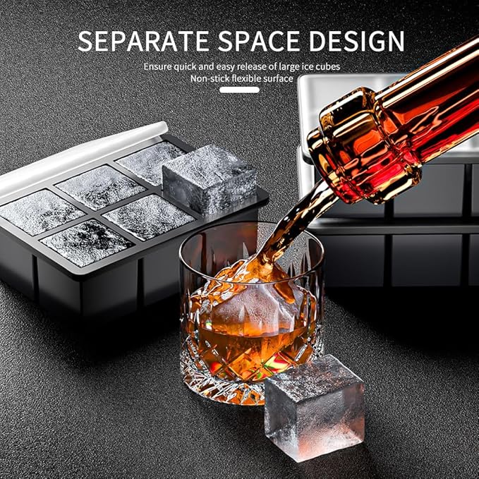 Large Ice Cube Tray for Whiskey 2 Pack, HANCELANT Big Silicone Square Ice Cube Mold with Removable Lid, 2'' Huge Square Ice Cubed Tray for Whisky and Cocktail