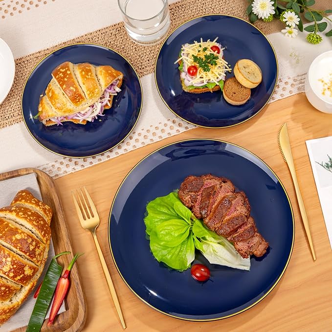 PULOTE 200 Pieces Blue Plastic Plates - Navy Blue and Gold Disposable - Include 100PCS 10 inch Dinner & 100PCS 7 inch Dessert Plate for Party & Labor Day