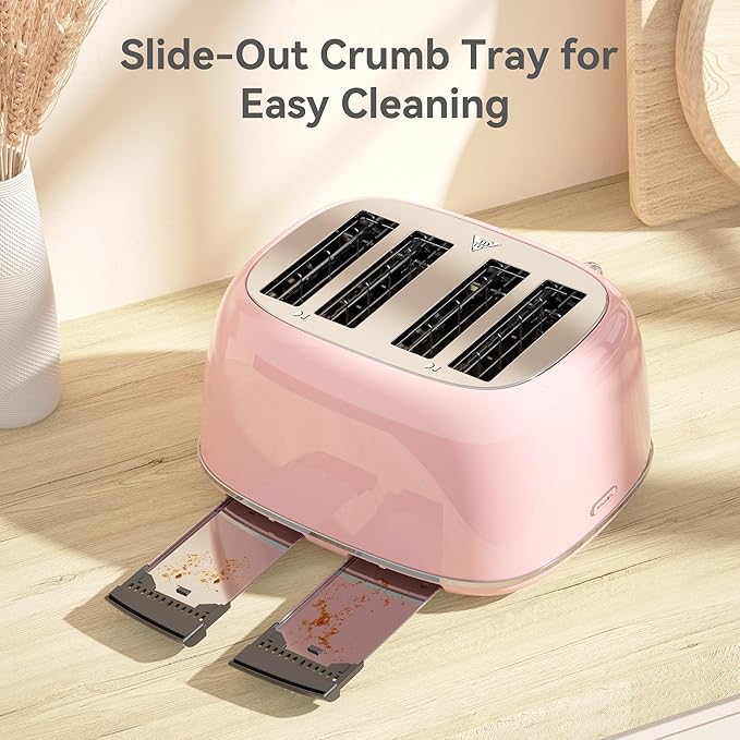 Toaster 4 Slice, Retro Stainless with 6 Bread Shade Settings,1.5''Wide Slots Toaster with Cancel/Defrost/Reheat Functions,Dual Independent Control Panel, Removal Crumb Tray (Pink)
