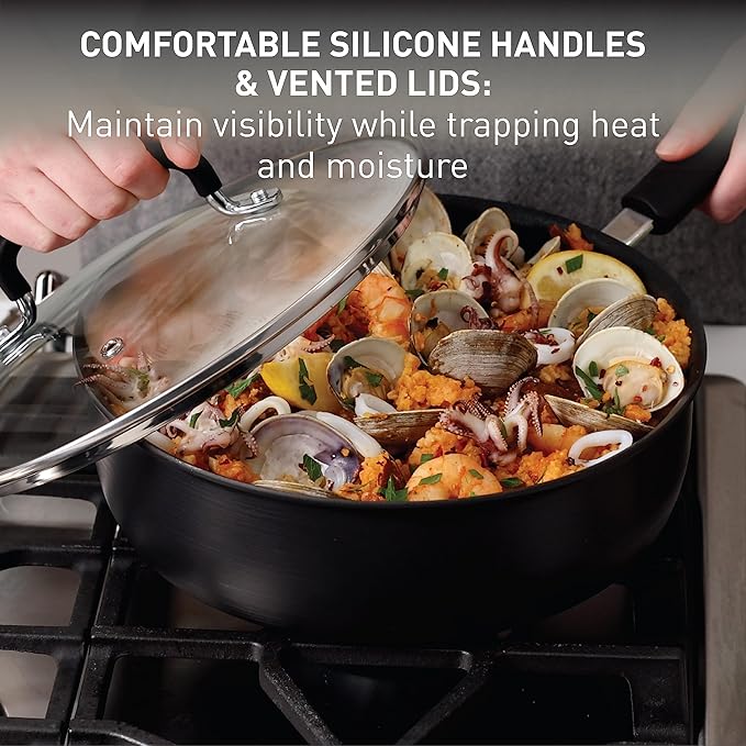 T-Fal Ultimate Hard Anodized Nonstick Cookware Set 17 Piece, Nonstick Pots and Pans Set with Fry Pan, Saucepans, Saute-Pan, Griddle, Dishwasher Safe, Black