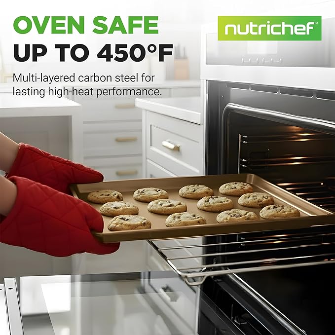 NutriChef Nonstick XL Cookie Sheet Baking Pan - Extra Large 22" x 16" Carbon Steel Oven Baking Sheet for Pastries, Desserts, & More - Dishwasher Safe, Gold