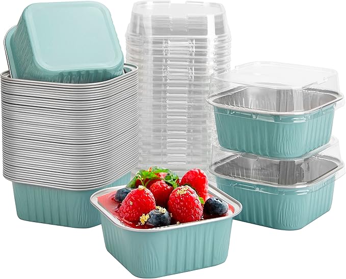 50 Pcs Mini Square Baking Cups with Lids,5oz Aluminum Foil Mini Cake Pans with Lids,Disposable Ramekins Cake Pans,150ml Dessert Cups Cupcake Pans for Wedding Birthday Party,Blue