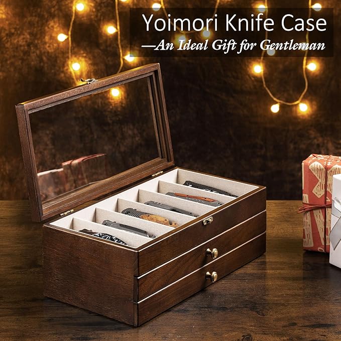 Knives Display Box, 3-Layer Pocket Knives Box Display & Storage Knives, Solid Wood Knives Box for Collections, Gift for Boyfriend Fathers Day Birthday Gifts(Walnut)