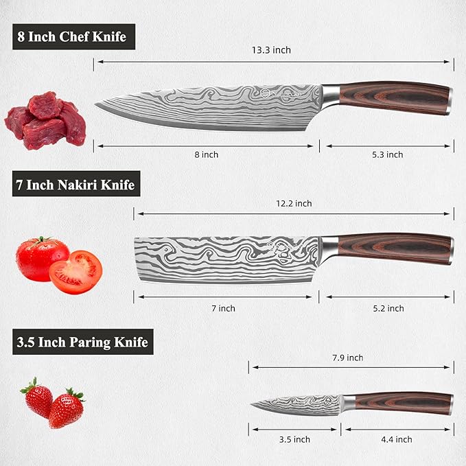 Sunnecko Kitchen Knife Set 3 Piece Chef Knife Set Professional High Carbon Stainless Steel, Sharp Kitchen Knives with Wooden Handle