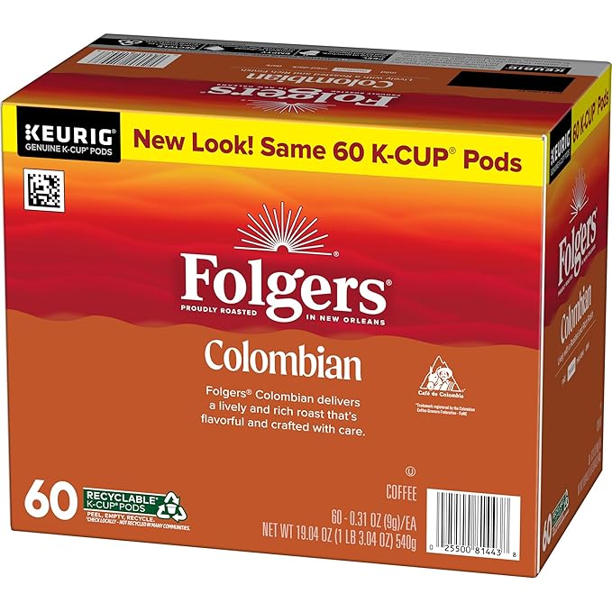 Folgers Colombian Coffee, Medium Roast, Keurig K-Cup Pods, 10 Count Box (Pack of 6)