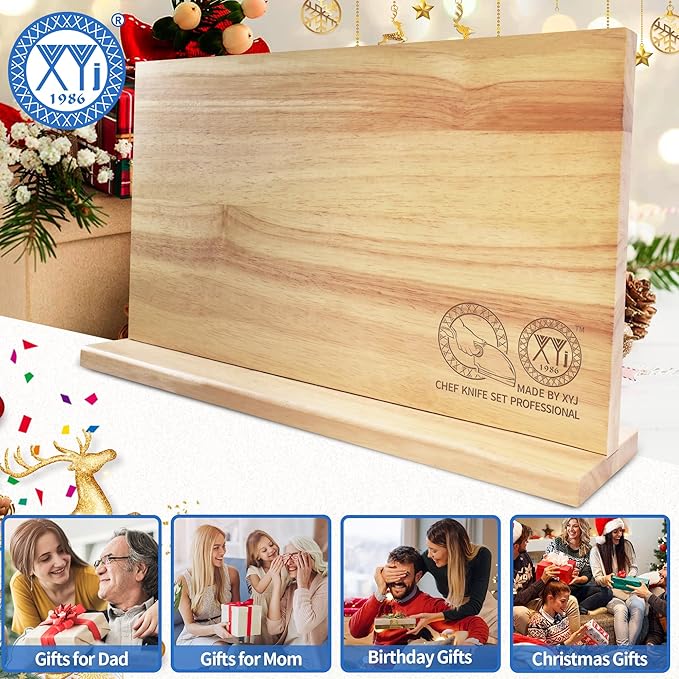 XYJ Authentic Since 1986 Magnetic Knife Block, Powerful Double-Sided Wooden Magnetic Knife Holder, Cutlery Display, Universal Kitchen Knife Stand Storage Rack Without Knives