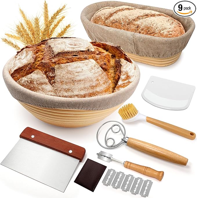 Sourdough Proofing Basket Gift Set, 9" Round and 10" Oval Banneton Bread Baking Supplies, Sourdough Baskets with Bread Lame, Danish Whish, Bowl Scraper, Sourdough Scraper, and Linen Liners