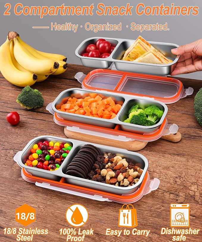 5 Pack Stainless Steel Snack Containers for Kids & Adults - Leek Proof Metal Bento Lunch Box with 2 Compartment - Lunchable Containers for Daycare, School, Work, Travel - Stackable Snack Bento Box