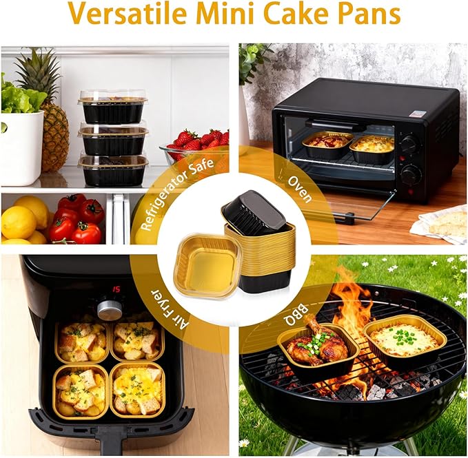 FORBFAN 150 Pack 10 oz Mini Square Cake Pans with Lids, Aluminium Foil Square Brownie Baking Cups, Disposable Ramekins Oven Safe