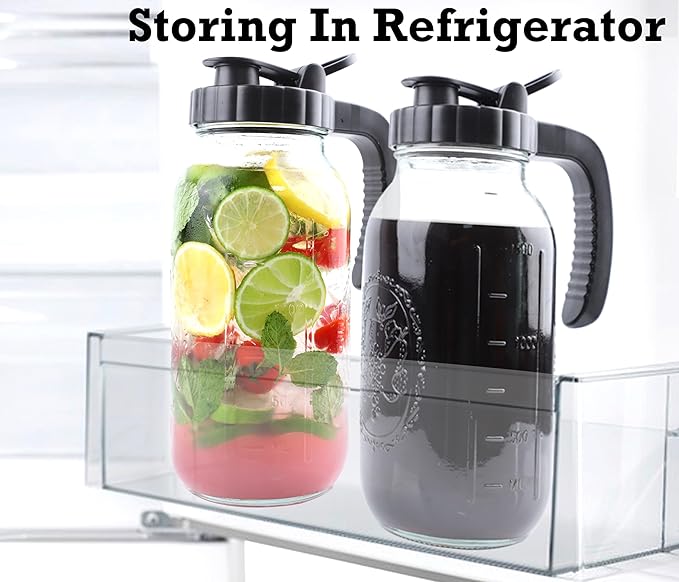 Cold Brew Coffee Maker Pitcher 2 Quart Glass Mason Jar With Spout Lid Filter Half Gallon Wide Mouth Iced Tea Brewing Jug Heavy Duty Handle Airtight & Leak-Proof Pitcher For Fridge Sun Tea 64 OZ