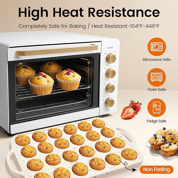 Muffin Pans With Metal Reinforced Frame - 24 Cups Durable Silicone Baking Pan for Muffins, Cupcakes, BPA Free and Dishwasher Safe - Beige with Rainbow Spots, Set of 2