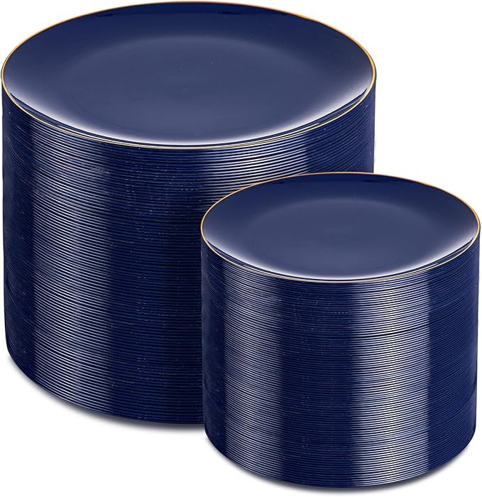PULOTE 200 Pieces Blue Plastic Plates - Navy Blue and Gold Disposable - Include 100PCS 10 inch Dinner & 100PCS 7 inch Dessert Plate for Party & Labor Day
