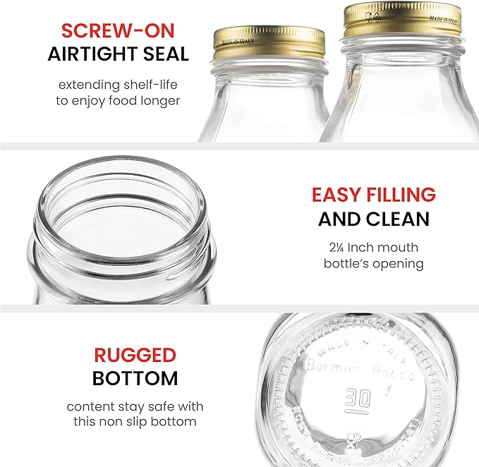 Bormioli Rocco Quattro Stagioni 33.75 Oz. Glass Milk Bottle with Lid, Air-Tight, Glass Jug Mason Jar, Dishwasher Safe, Made in Italy