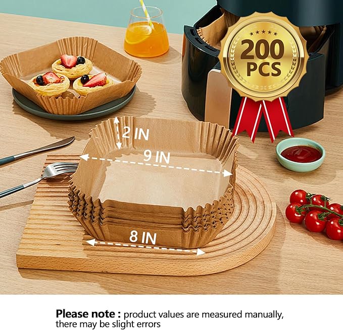 9 Inch Air Fryer Paper Liner Disposable, 200PCS Non-Stick, Oil-Proof & High-Temperature Resistant Square Baking Parchment Paper for Air Fryer, Microwave and Oven（Bottom Is 8 Inch）