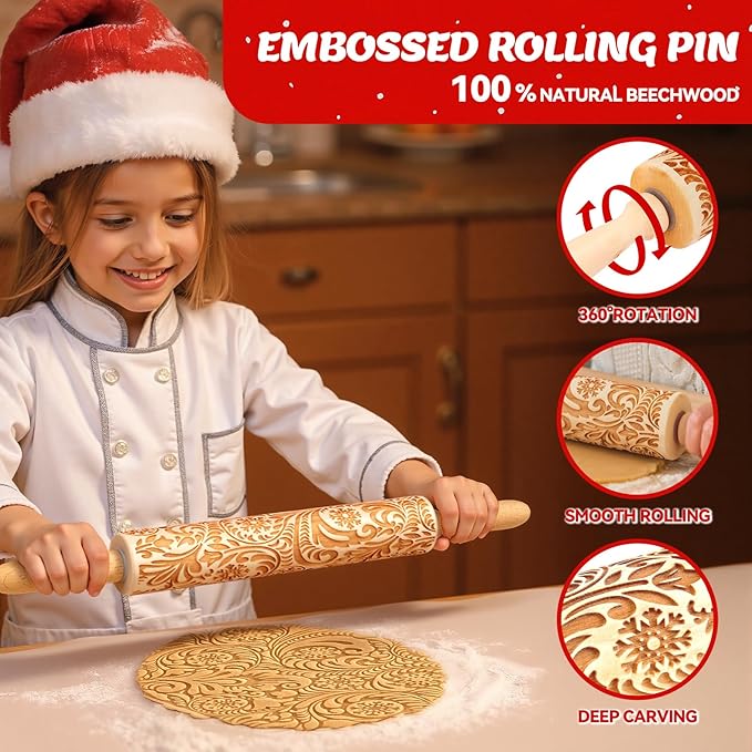 Christmas Gifts Wooden Embossed Rolling Pin for Baking, Stocking Stuffers Gifts for Women, Deep Engraved Embossing Rolling Pins with Snow Pattern Designs for Baking Cookies Stamps Roller DIY Tools