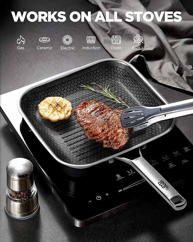 Nonstick Grill Pan,12 Inch Square Steak Grilling Pan for Indoor Cooking & Outdoor Grilling, Non Stick Stainless Steel Grill Skillet Steak Pan, PFOA Free cookware