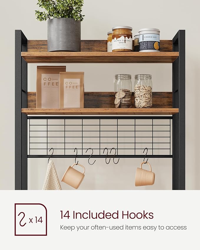 VASAGLE Hutch Bakers Rack with Power Outlet, 14 Hooks Microwave Stand, Adjustable Coffee Bar with Metal Wire Panel, Kitchen Storage Shelf, 15.7 x 23.6 x 66.9 Inches, Rustic Brown and Black UKKS037B01
