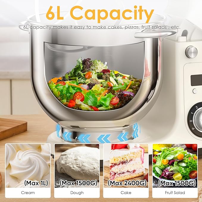 Biolomix Kitchen Electric Stand Mixer, 6 Speed Tilt Head Food Mixer with 6.5 QT Stainless Steel Bowl, Dough Hook, Flat Beater, Whisk and Anti Splash Cover, (6.5QT, White)
