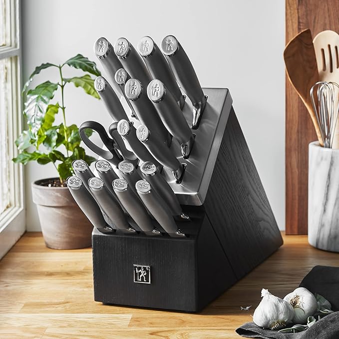 HENCKELS Modernist 20-Piece Self-Sharpening Knife Set with Block, Chef's, Paring, Utility, Bread, Steak Knives, Black, Stainless Steel