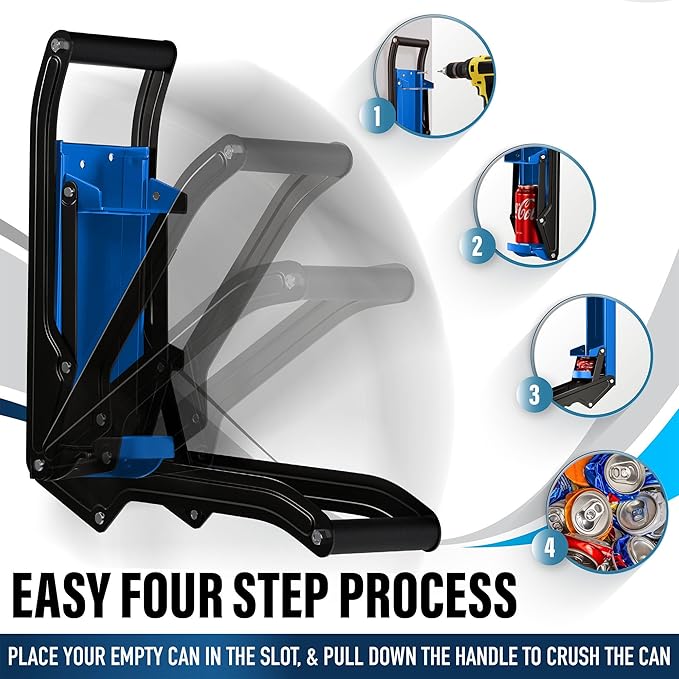 Can Crushers for Recycling - 16 oz Heavy Duty Aluminum Can Crusher Wall Mounted - Soda and Beer Can Smasher for Recycling with Bottle Opener - For 12 and 16 oz Cans - Easy to Install, Blue - RamPro