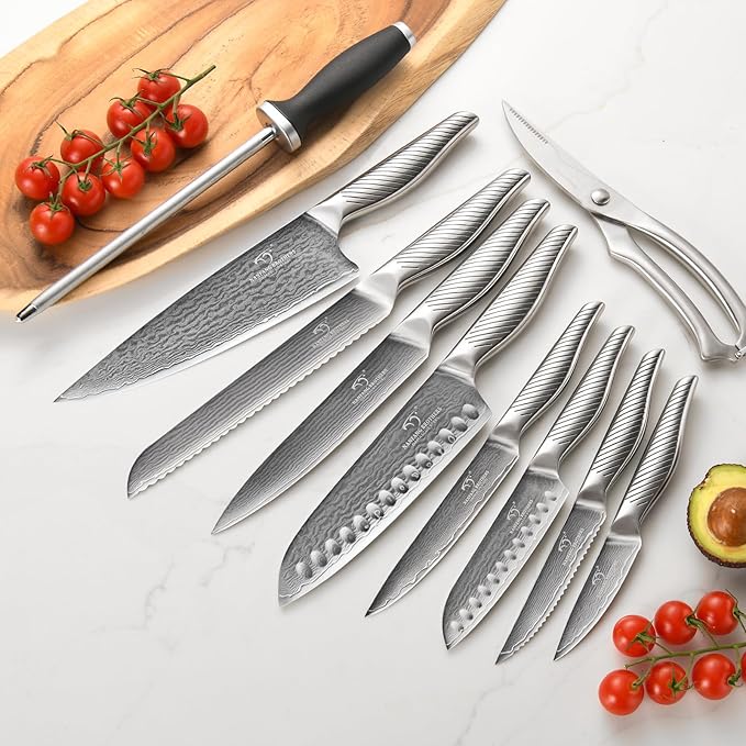 NANFANG BROTHERS® 16 Pieces Damascus Kitchen Knife Set, High Carbon Damascus Steel Chef Knife Set, Stainless Steel Ergonomic Handle for Chef, with Built-in Sharpening Rod