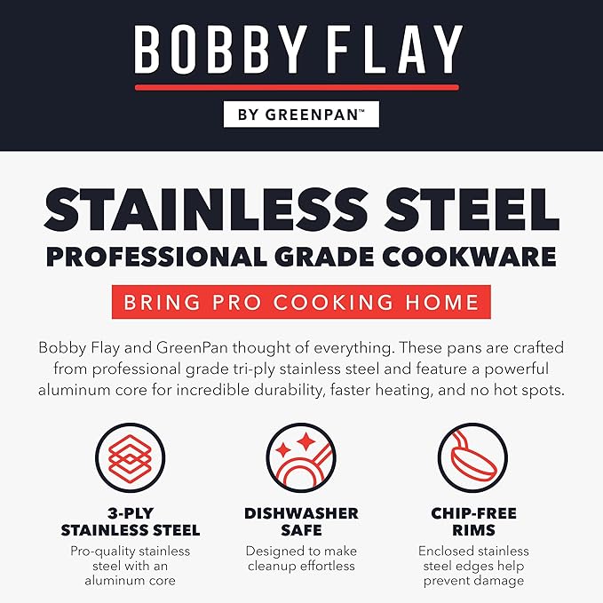 GreenPan x Bobby Flay Stainless Steel 12 Piece Cookware Pots & Pans Set, Professional Grade Tri-Ply, Multiclad, PFAS-Free Ceramic Nonstick, Induction Suitable, Dishwasher & Oven Safe,Stay Cool Handles