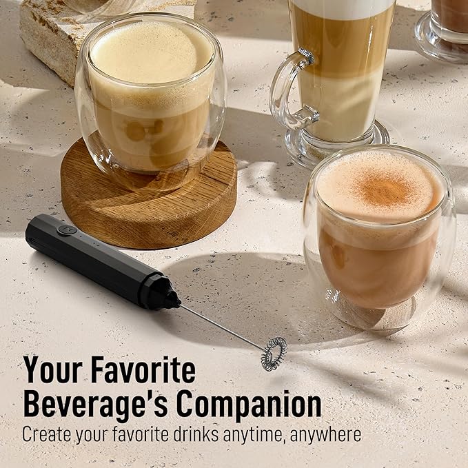 Zulay Froth N Go Milk Frother Rechargeable - 3-in-1 Frother Wand With Case & USB-C Charger - Comes With 3 Whisk Attachments for Latte, Cappuccino, Matcha, Protein Shakes - Black