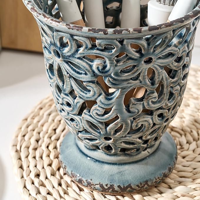 Utensil Holder for Kitchen Counter, Modern Farmhouse Cooking Utensil Holder and Crock Home Kitchen Decor, Ceramic Utensil Organizer for Spatula, Ladle, Eggbeater, Rolling Pin- Grayish Blue, Crackled