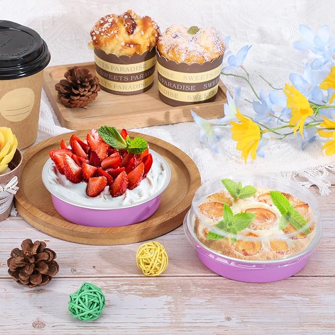 Beasea Disposable Mini Pans with Lids, 50 Pack 4” 8oz Light Pink Aluminum Baking Foil Tins Round Small Tart Container for Individual Cupcake Dessert Muffin Ramekin Cheesecake Quiche Oven Dishes