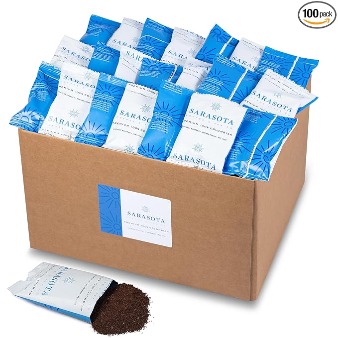 Sarasota Coffee Ground Packets | Colombian Medium Roast | Bulk Packs | Gourmet Columbian Low Acid Mold Free Singles Individual Pouches for 12 Cup Coffee Maker | 1.75 Ounce Bags, 100 Count