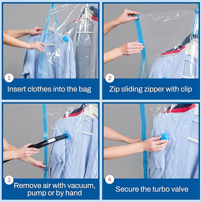 Hanging Vacuum Storage Bags for Clothes & Coats – 8 Pack (4 Small & 4 Large) Vacuum Seal Garment Bags for Hanging Storage – Space Saving Compression Bags for Clothing, Jackets – Transparent