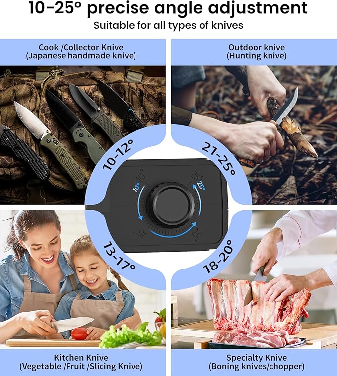 Upgraded Roller Knife Sharpener Kit | Electric Knife Sharpener with 5 Premium Discs & 10-25°Precision Djust | Automatic Cordless Sharpener for Kitchen Knife | for Polishing of All Straight-edged Tool