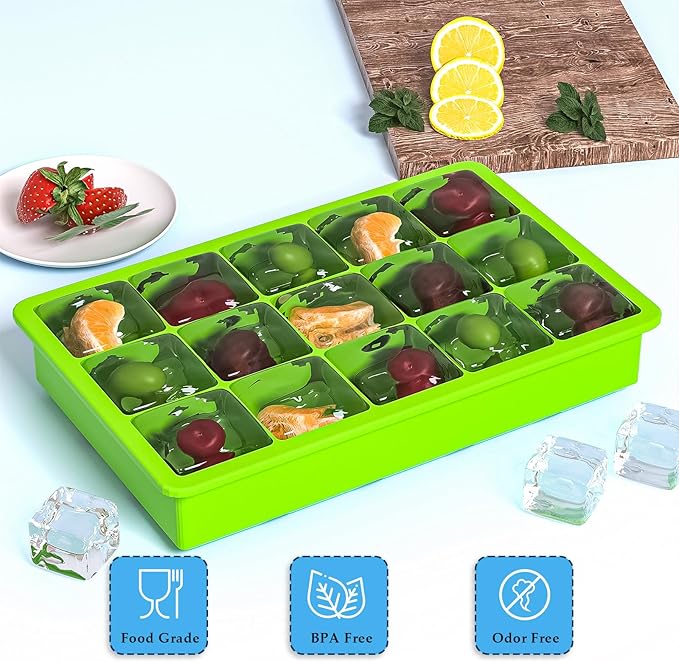 Ice Cube Tray, 3 Pack Silicone Ice Tray Easy-Release Flexible 15 Ice Cube Molds, Stackable Ice Trays for Freezer, Ice Cube Size 1.2 IN for Cocktail, Whiskey, Juice, Baby Food, BPA Free