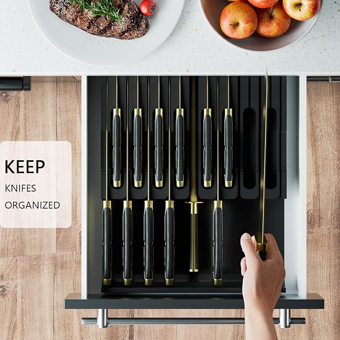 Domax Bamboo In-drawer Knife Block - Knife Drawer Organizer Insert Large Handle Steak Knife Holder, Kitchen Drawer Knife Organizer Fits for 16 knives and 1 Sharpening Steel (Not Included), Black