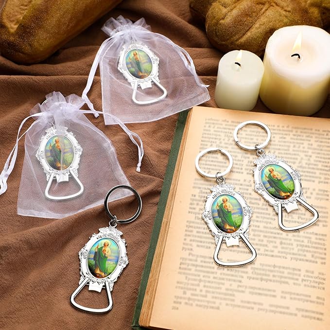 Misdary 12 Pcs St. Jude Bottle Opener Keychain Catholic Bottle Opener with Organza Baptism Party Favor for Guest