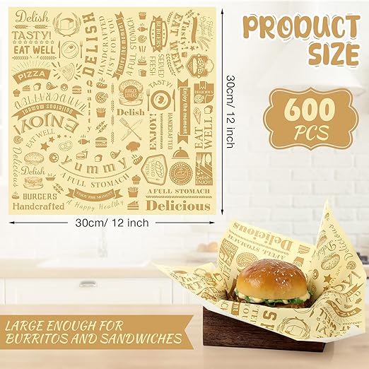 Outus 600 Pcs 12 x 12 Inch Deli Wax Paper Sheets Grease Resistant Tray Basket Liners Newsprint Paper Water and Grease Proof Sandwich Wrapping Square Hot Dog Wrappers for Food Baking (Light Yellow)