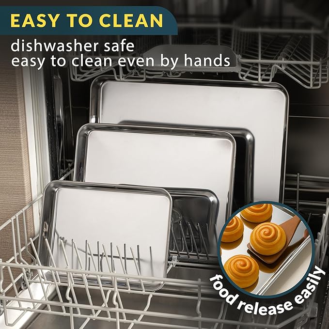 Baker’s Signature Stainless Steel Cookie Sheet Pan, Stainless Steel Baking Sheet Set of 3, Mirror Finish, Non-Stick, Rust Resistant, BPA Free, Dishwasher Safe, 9/12/16 Inch